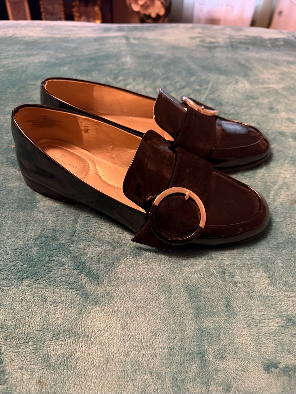 Bandolino Women’s Black Patent Leather Loafers with Suede Strap Silver Buckle